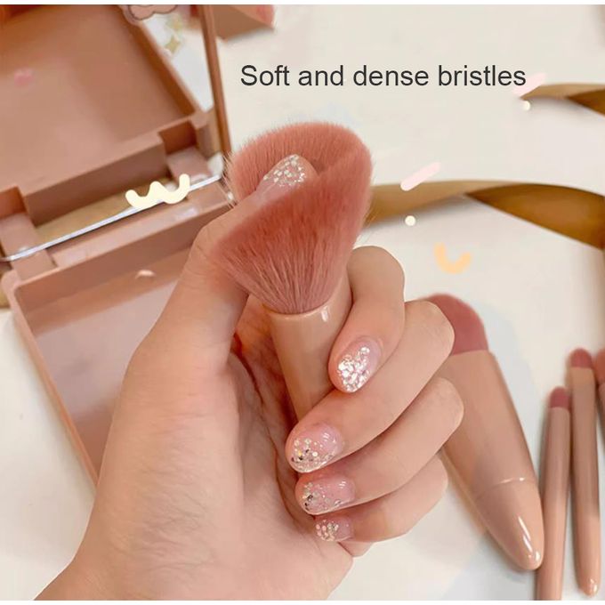 5-in-1 Makeup Brush Set with Mirror – Portable Mini Beauty Tool