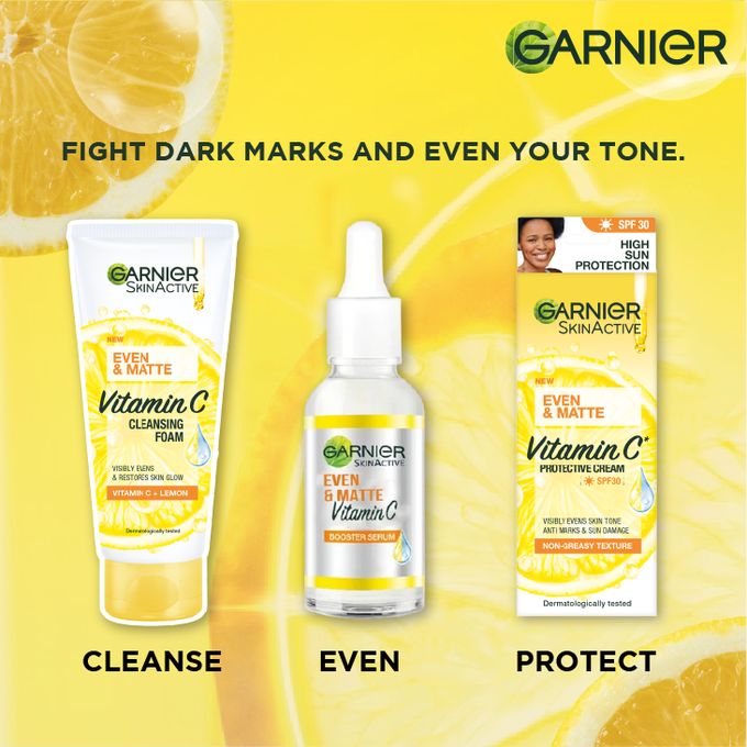 Garnier Even Tone Day Kit: Cleansing Foam + Day Vitamin C Serum + Protective Cream SPF 30