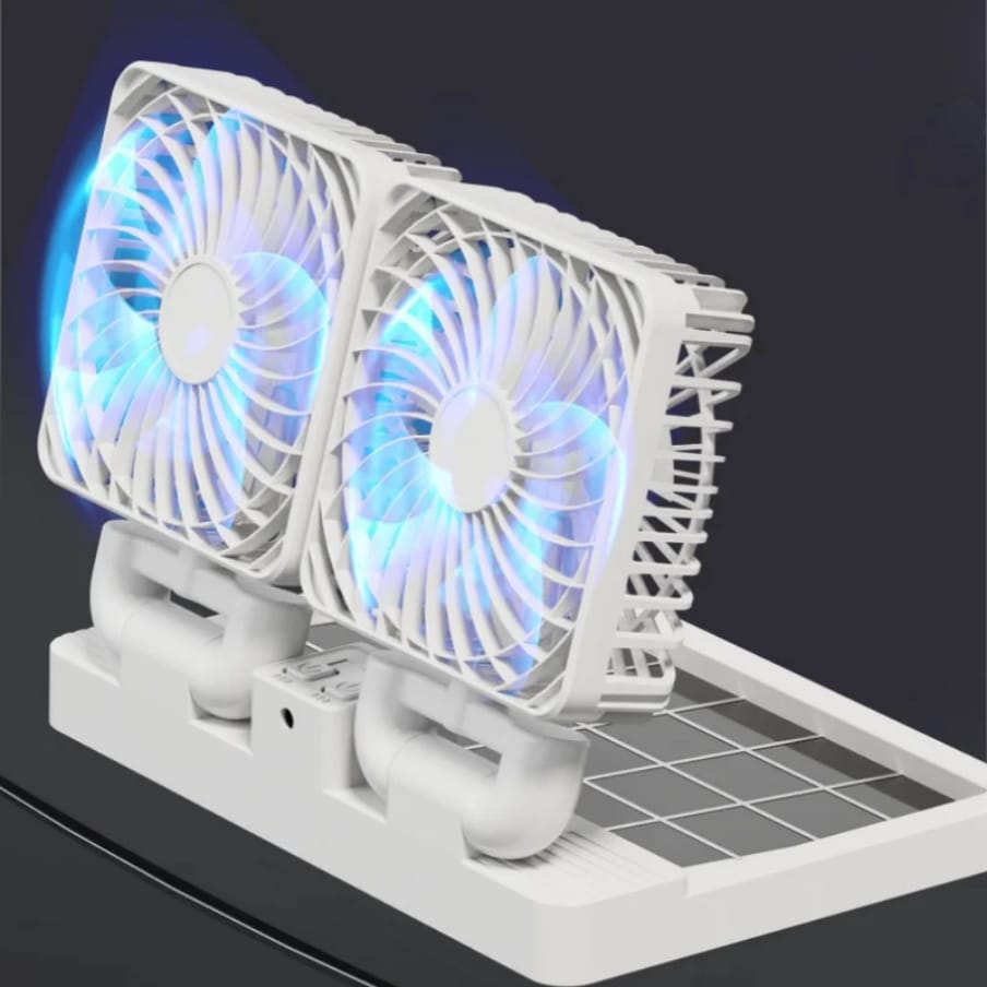 Car/Tabletop Double Head Super Cooling Rechargeable Fan – Type-C + Solar Panel