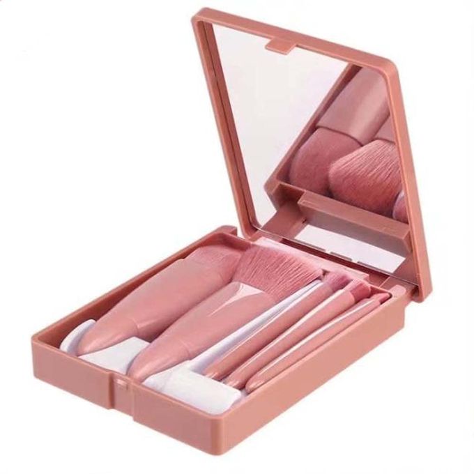 5-in-1 Makeup Brush Set with Mirror – Portable Mini Beauty Tool