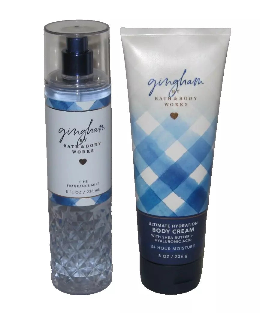 Bath & Body Works Gingham - Gift Bag Set - Fine Fragrance Mist, Body Cream, Shower Gel and Hand Cream With a Natural Oats Sample Soap.