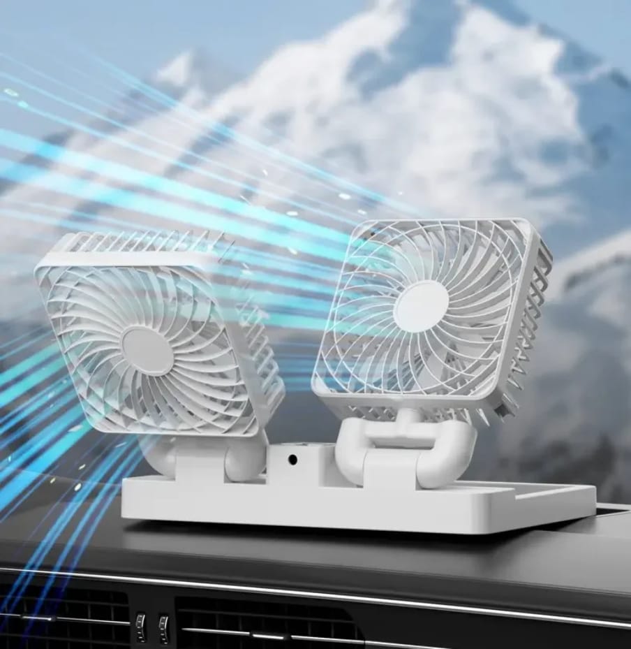 Car/Tabletop Double Head Super Cooling Rechargeable Fan – Type-C + Solar Panel
