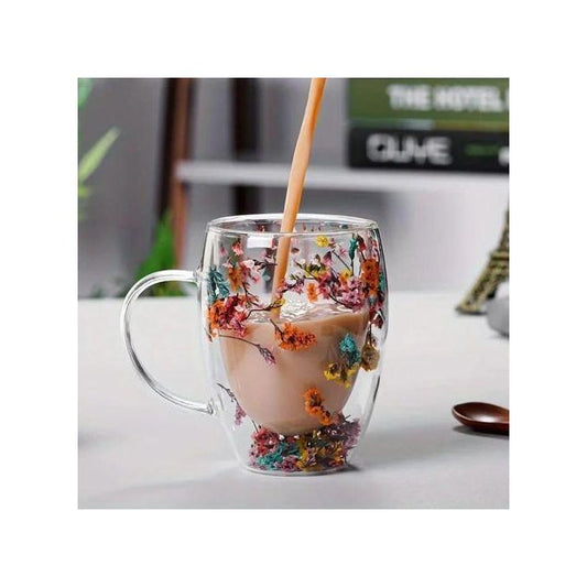 350ml Insulated Double Wall Glass Cup with Handle – Dried Flower Design