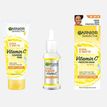 Garnier Even Tone Day Kit: Cleansing Foam + Day Vitamin C Serum + Protective Cream SPF 30