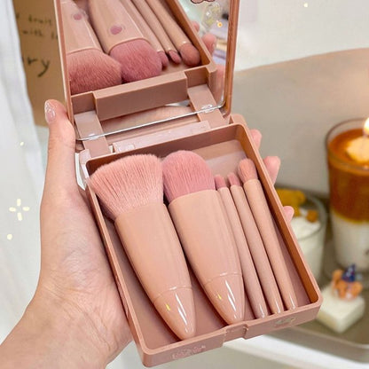5-in-1 Makeup Brush Set with Mirror – Portable Mini Beauty Tool