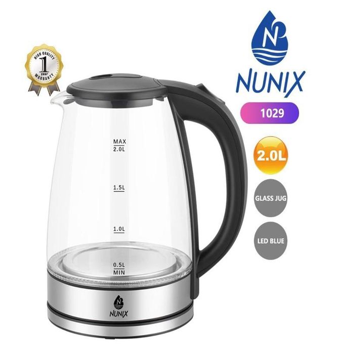 Nunix 2.0L Cordless Glass Electric Kettle with 360° Rotational Base