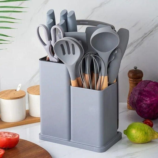 19-Piece Cutlery Set with Silicone Spoon Set & Chopping Board