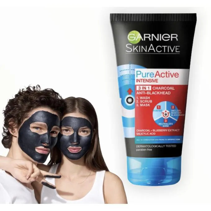 Garnier Pure Active 3-in-1 Charcoal Blackhead Face Wash, Mask & Scrub - 100ml