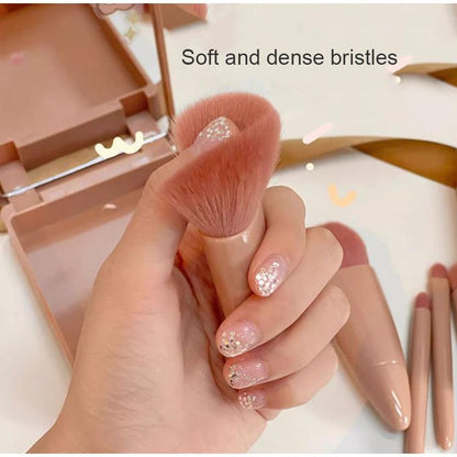 5-in-1 Makeup Brush Set with Mirror – Portable Mini Beauty Tool