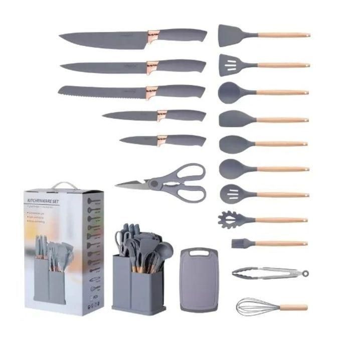 19-Piece Cutlery Set with Silicone Spoon Set & Chopping Board
