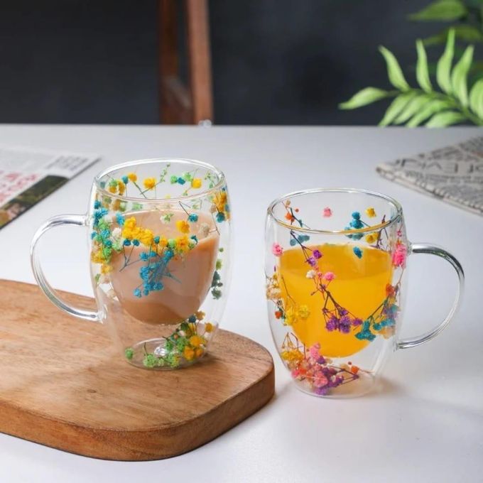 350ml Insulated Double Wall Glass Cup with Handle – Dried Flower Design