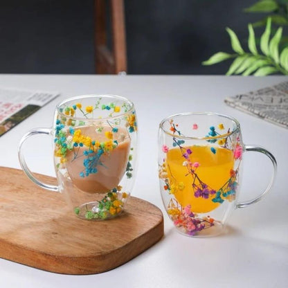350ml Insulated Double Wall Glass Cup with Handle – Dried Flower Design