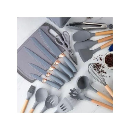 19-Piece Cutlery Set with Silicone Spoon Set & Chopping Board