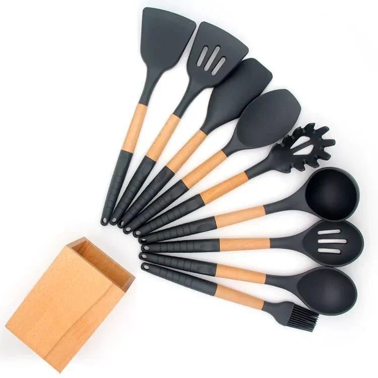 Luxury silicone cooking tool set with bamboo holder