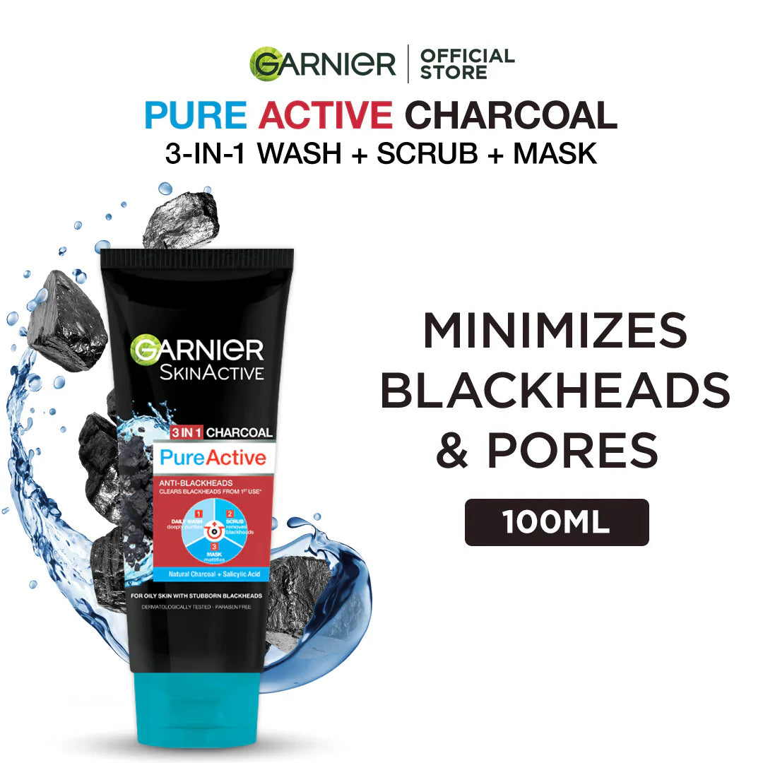 Garnier Pure Active 3-in-1 Charcoal Blackhead Face Wash, Mask & Scrub - 100ml