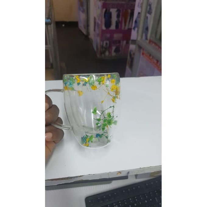 350ml Insulated Double Wall Glass Cup with Handle – Dried Flower Design
