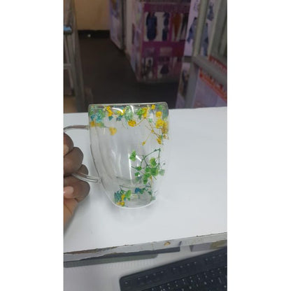 350ml Insulated Double Wall Glass Cup with Handle – Dried Flower Design