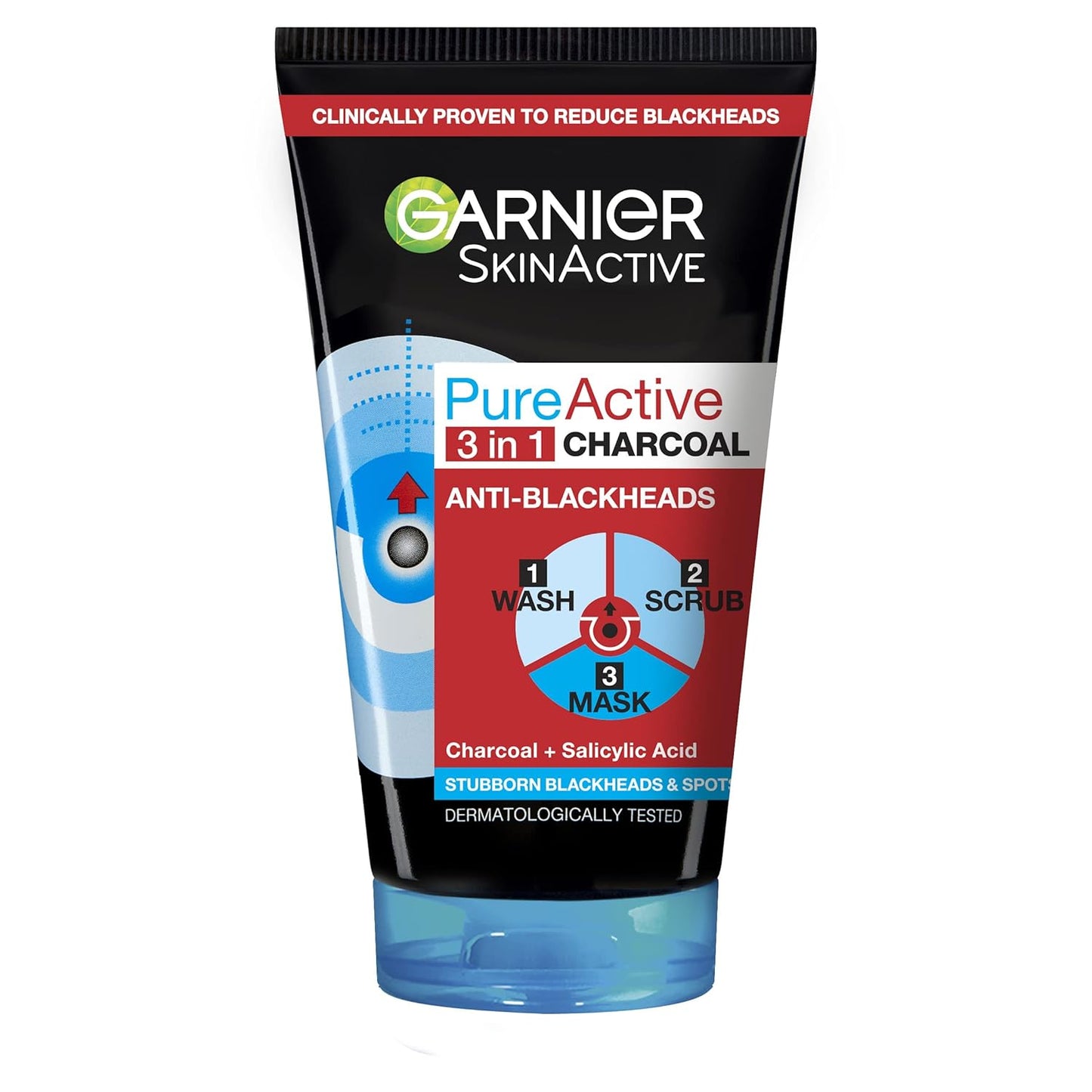 Garnier Pure Active 3-in-1 Charcoal Blackhead Face Wash, Mask & Scrub - 100ml