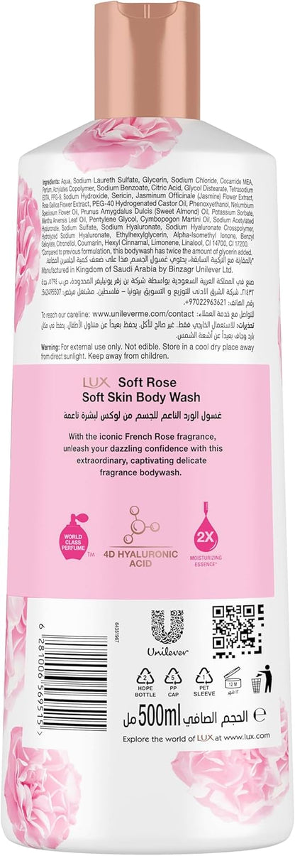 Lux Delicate Fragrance Body Wash, Soft Rose, 2x Moisturizing Essence, with 4D Hyaluronic Acid, 500ml