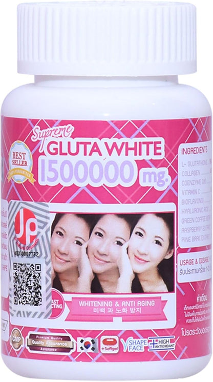 Gluta White Supreme White 1500000 Mg. -Grape Seed Extract, Co-enzyme Q10 - 30 Capsules. + Vitamin C