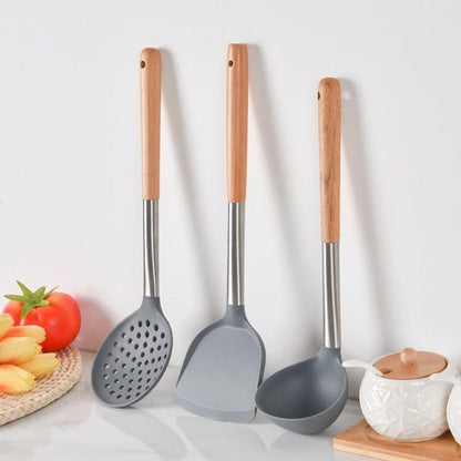 KnMn Non-stick 3 PCS Kitchen Silicone Utensils Set with Wooden Handles