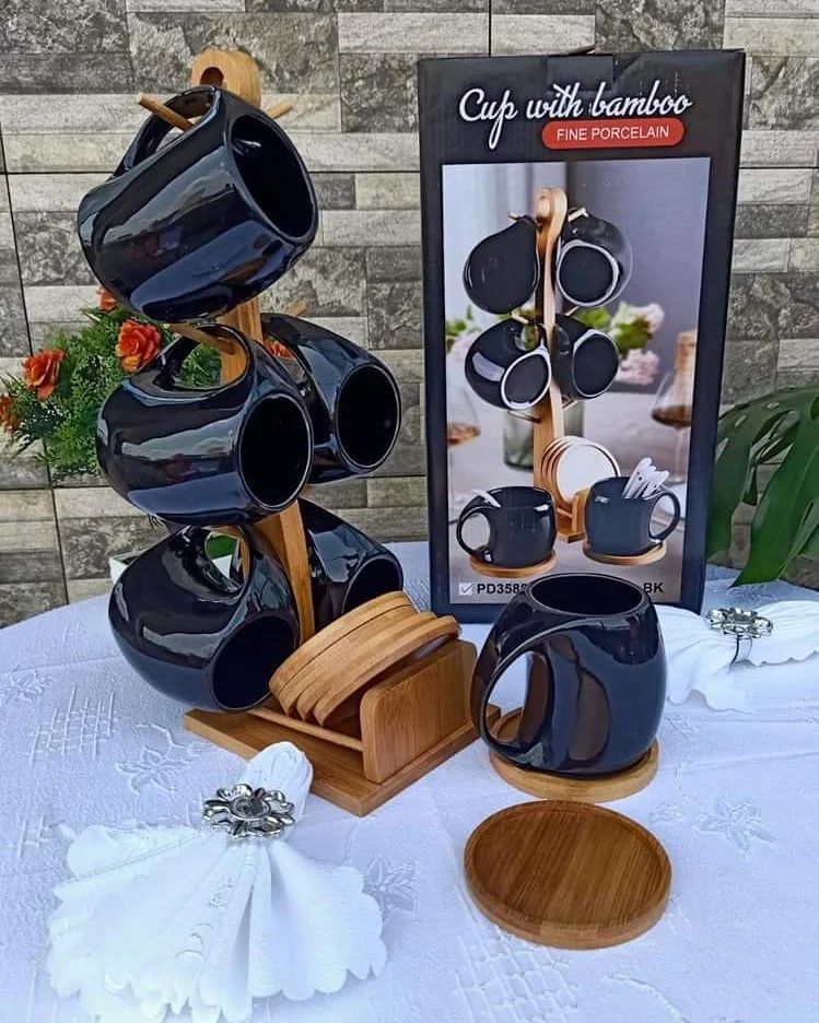 Black cup set with bamboo stand and coasters