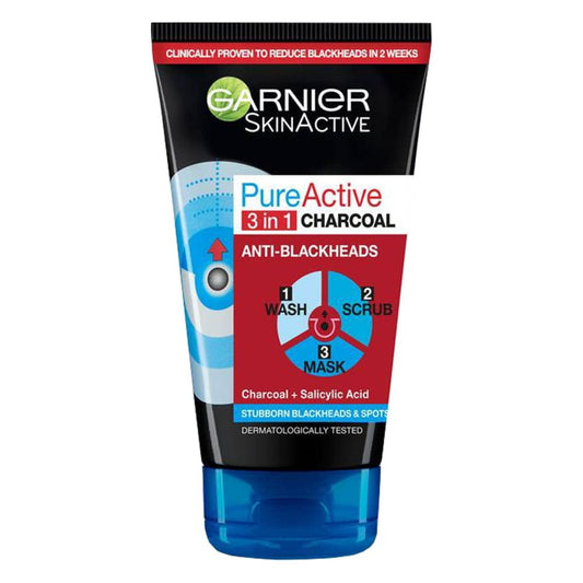 Garnier Pure Active 3-in-1 Charcoal Blackhead Face Wash, Mask & Scrub - 100ml