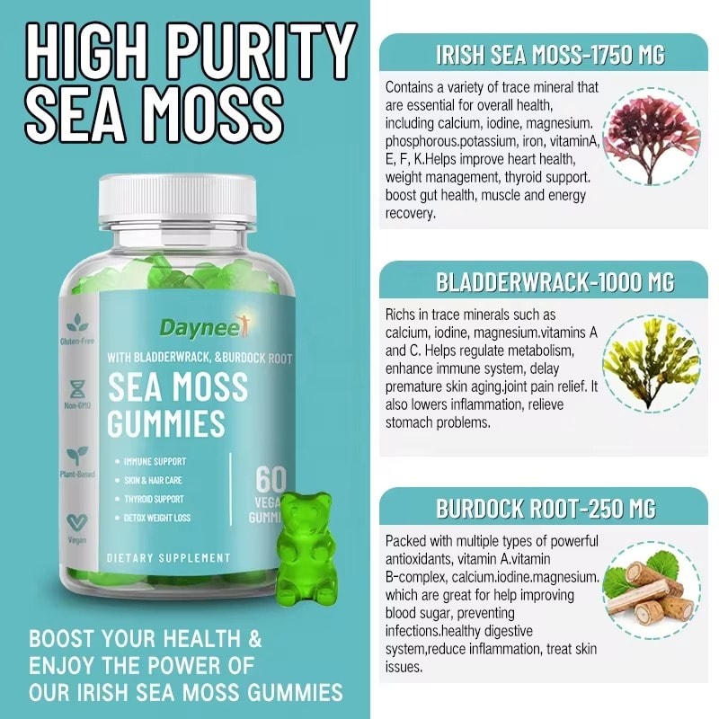 DAYNEE Vegan Sea Moss Gummy Natural Organic Vitamin System Seamoss Bladderwrack Detox Gummies for Moss